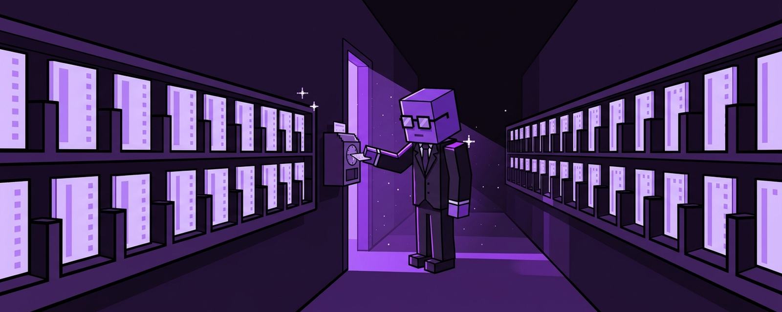 A blocky broker at a terminal on an empty trading floor.