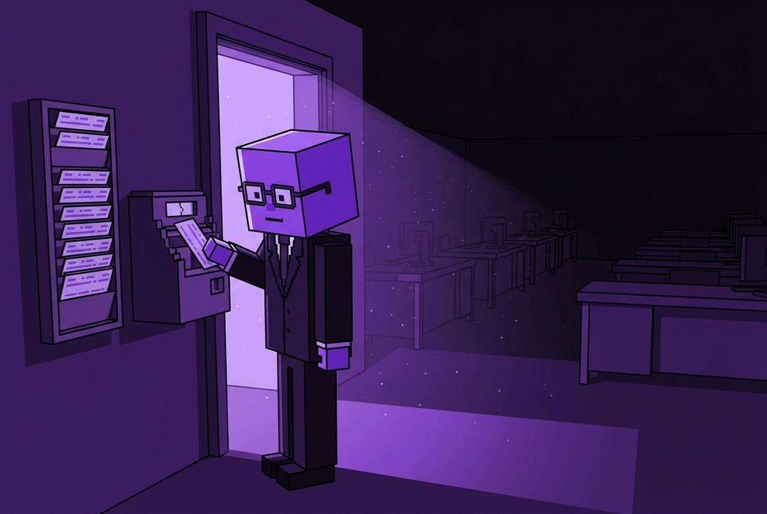 A blocky broker punching a card into a wall-mounted time clock beside a dark, deserted trading floor.
