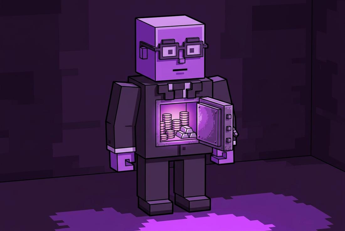 A blocky broker standing with an open bank-vault door in his chest, coins and ingots glowing inside.
