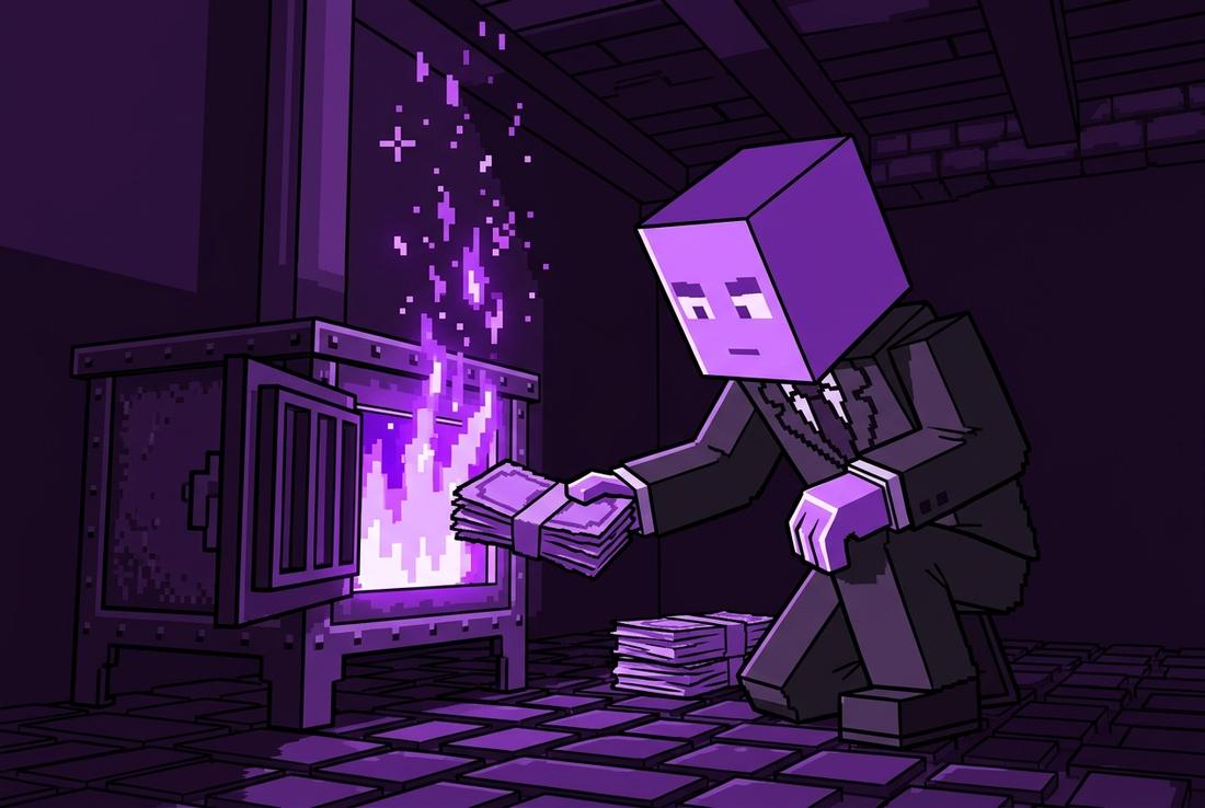 A blocky broker feeding a stack of paper certificates into a small iron furnace burning with violet flames.