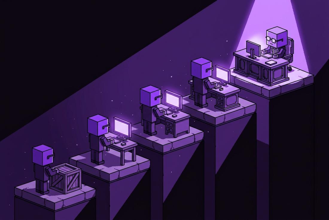 Five blocky brokers standing on five stepped platforms of increasing height, each with a grander desk, the highest under a bright spotlight.